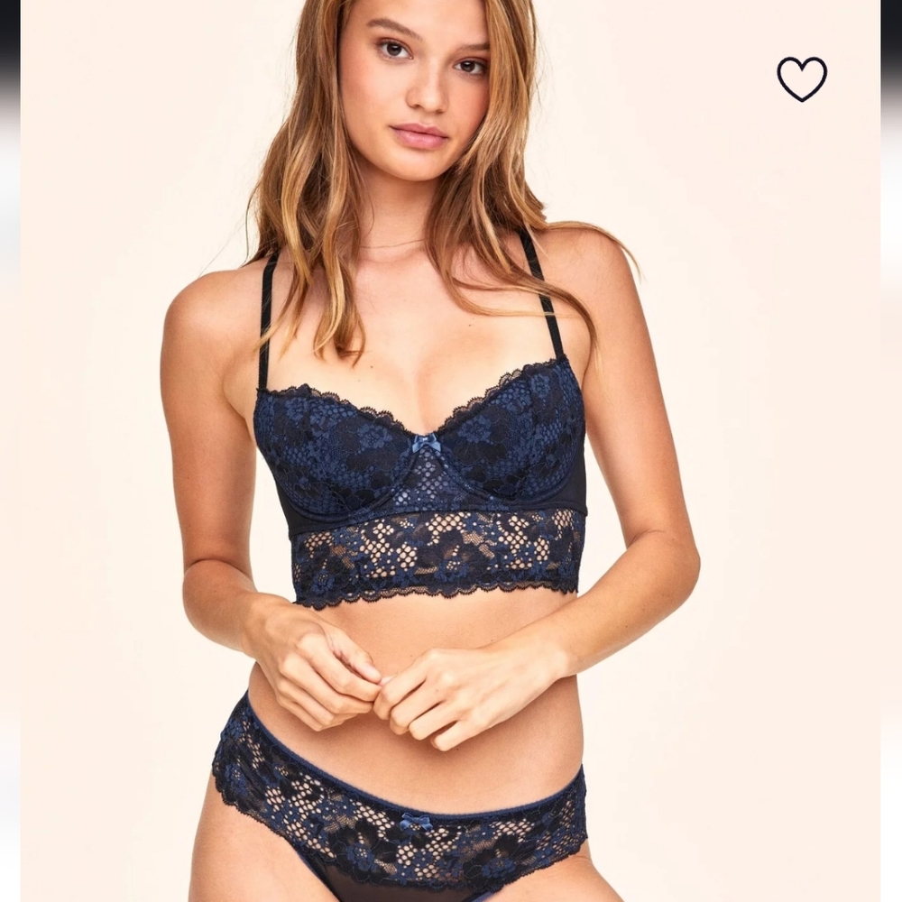 Adore Me Lace Longline Bralette Bra top Navy 32+ 34DD
